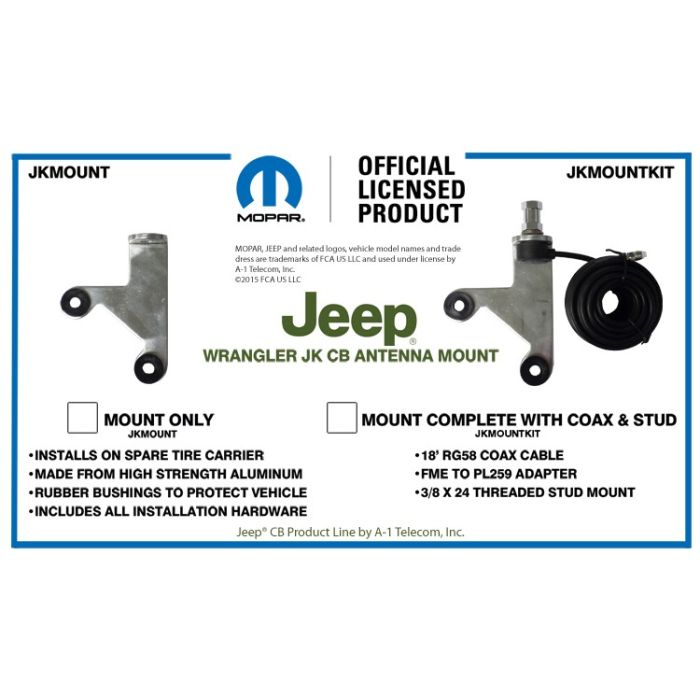 Jeep Spare Tire Carrier Antenna Mounting Bracket w/ Coax and 3/8" Stud (for JK Wrangler 2007-Present)